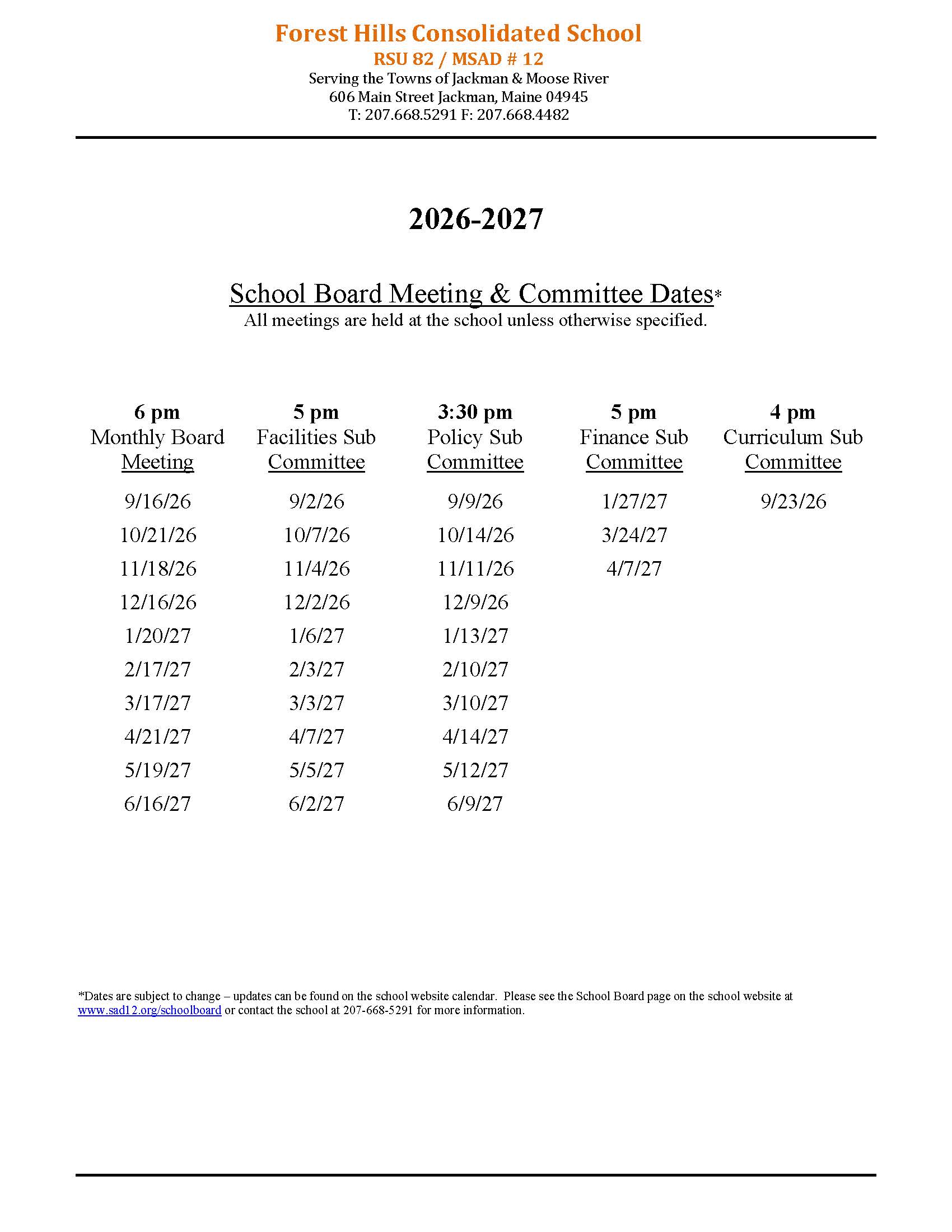 Monthly Board Meeting & Sub Committee Dates Monthly Board Meeting & Sub Committee Dates