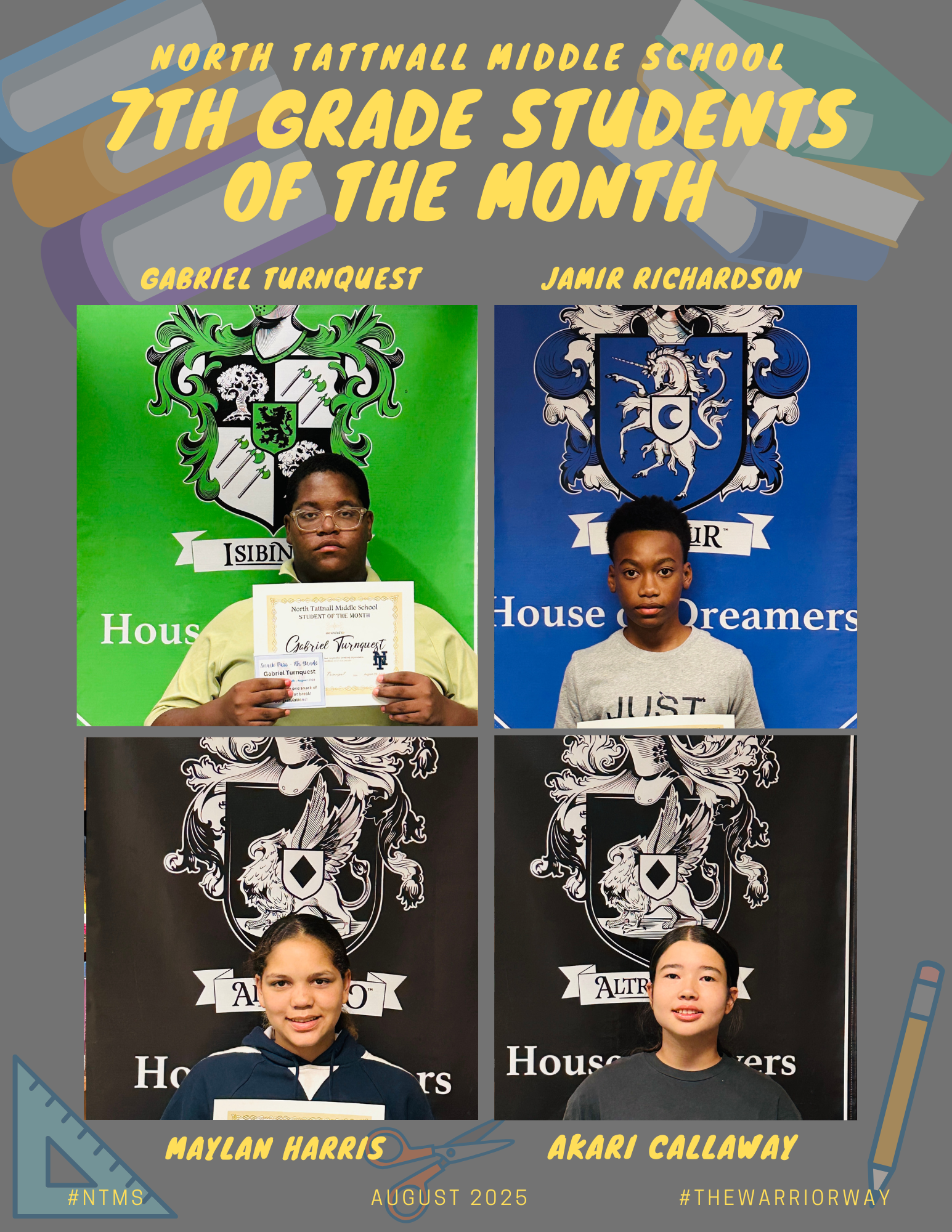 NTMS August Students of the Month - 7th Grade