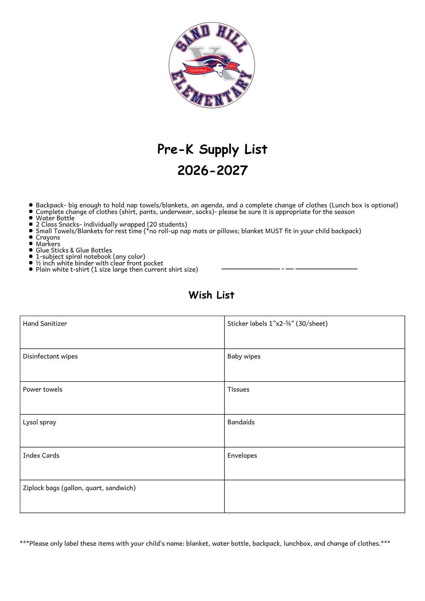 Pre-K Supply List
