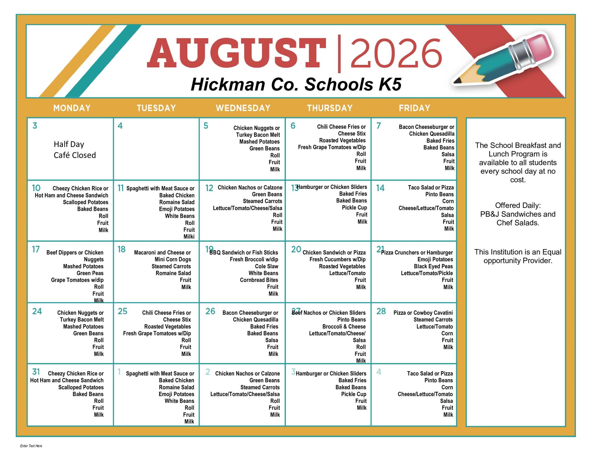 Lunch menus for the elementary & intermediate schools