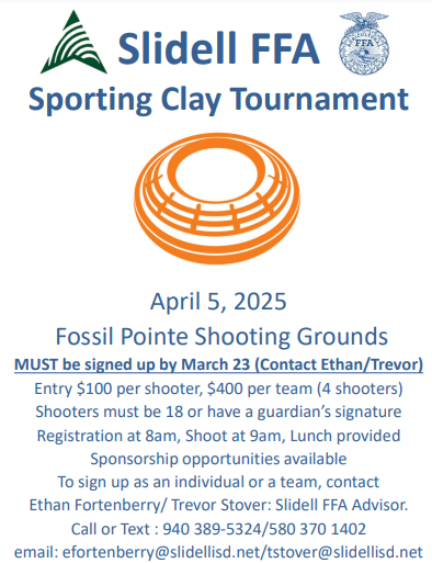 📅Save the Date!📅  Slidell FFA is hosting their annual Sporting Clay Tournament on April 5! If you are interested in participating or sponsoring, please contact Mr. Stover or Mr. Fortenberry. 