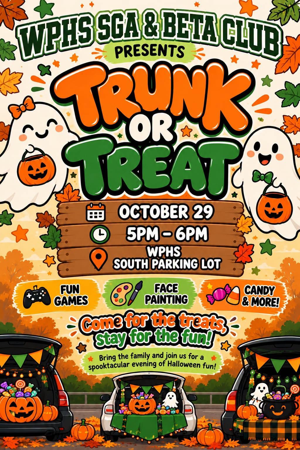 WPHS SGA and Beta Club Trunk or Treat flyer for October 29 from 5:00 to 6:00 p.m. in the WPHS South parking lot, featuring games, face painting, candy, and Halloween activities.