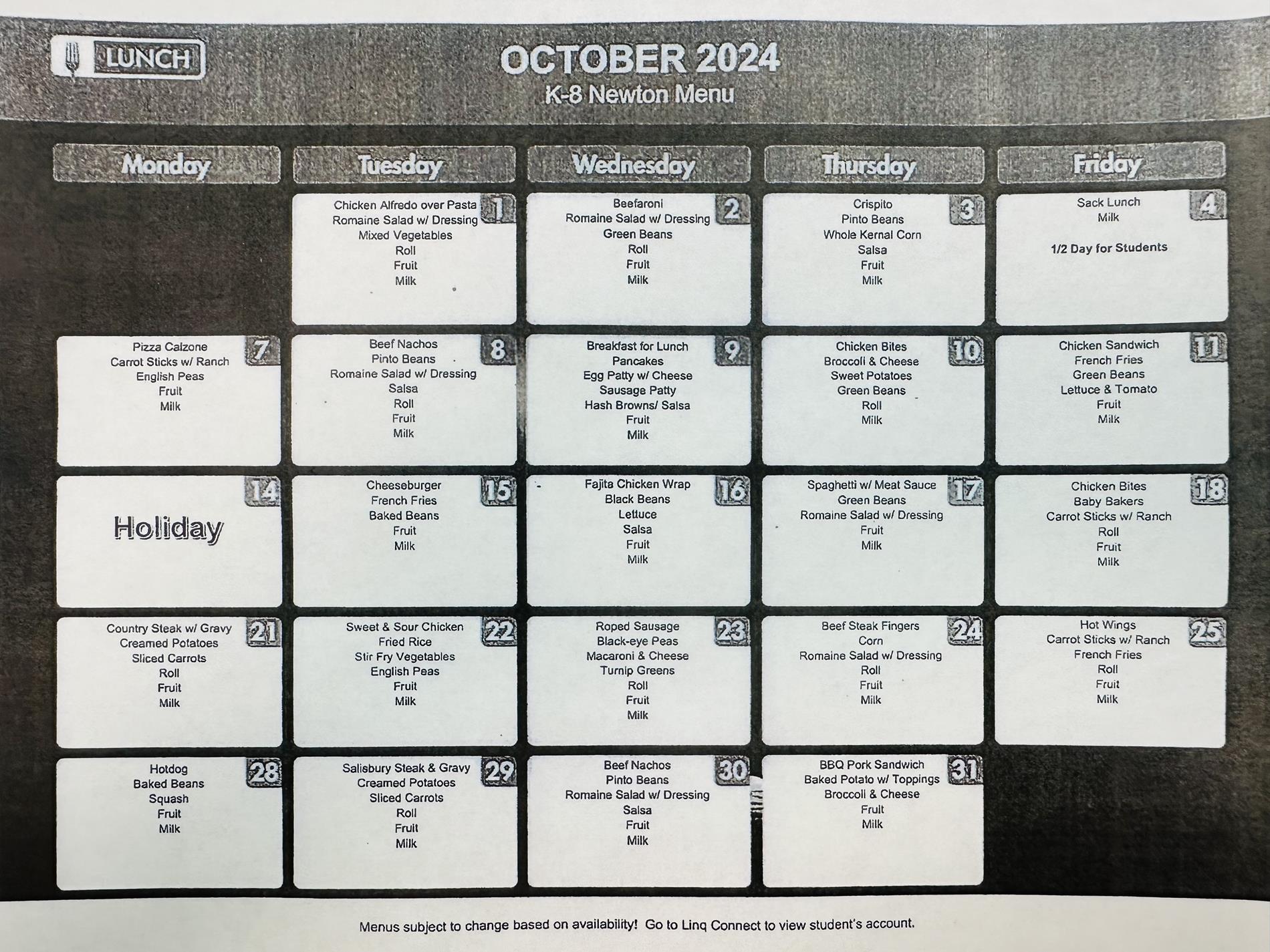 October Lunch Menu