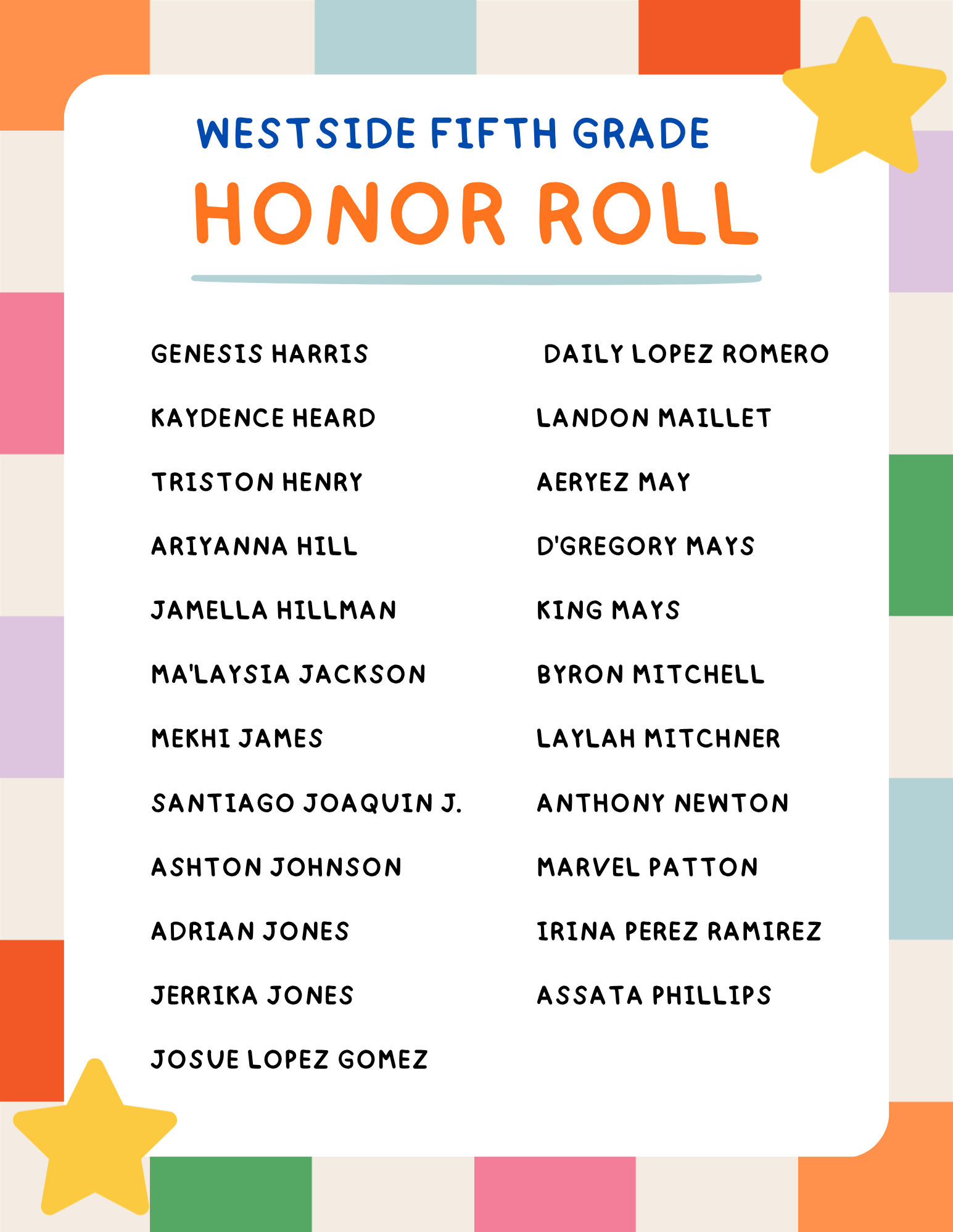 Honor Roll 5th Grade