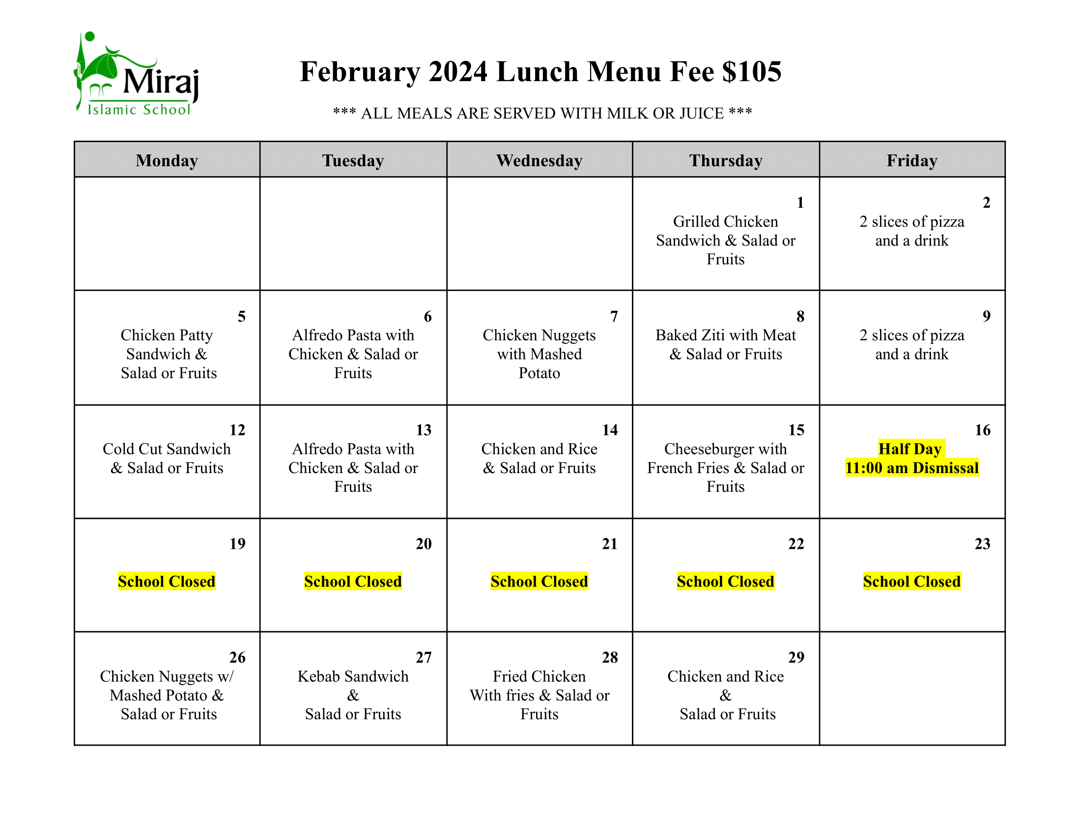 Feb 2024 Lunch Menu