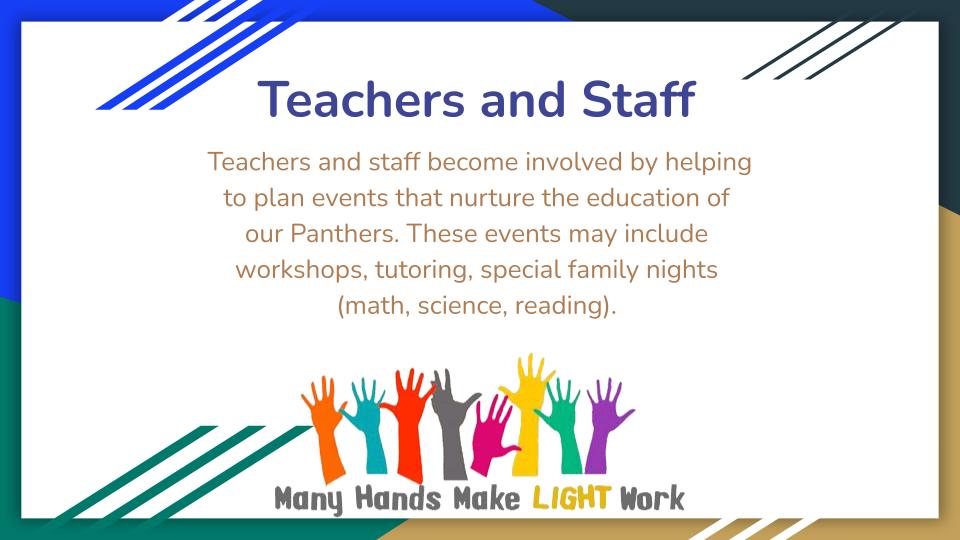 Teachers and staff become involved by helping to plan events that nurture the education of our Panthers. These events may include workshops, tutoring, special family nights (math, science, reading).