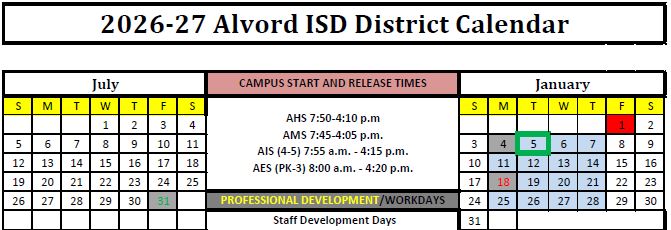 2026-2027 District Calendar approved by the Board of Trustees