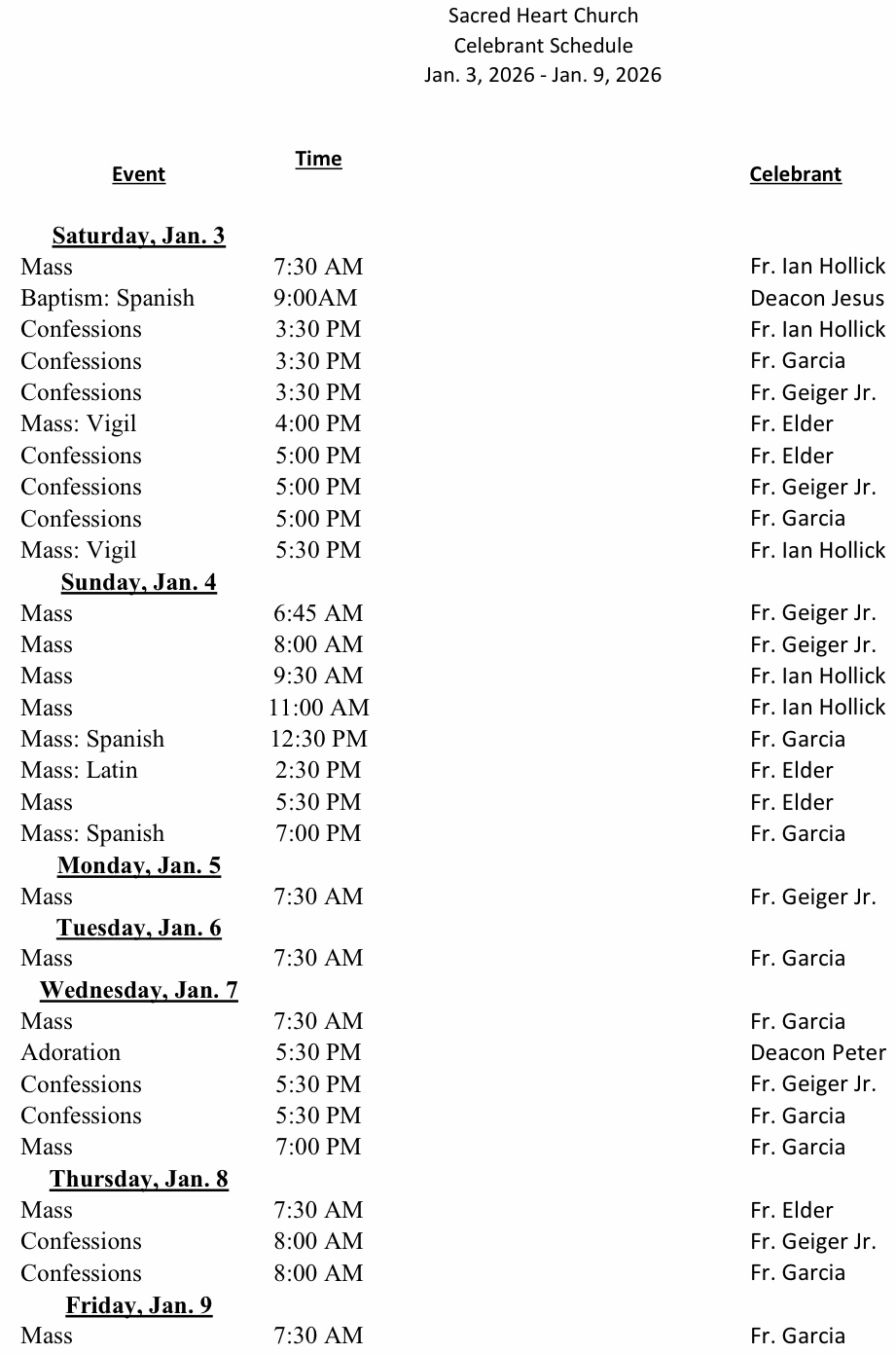 celebrant schedule Jan 3-9