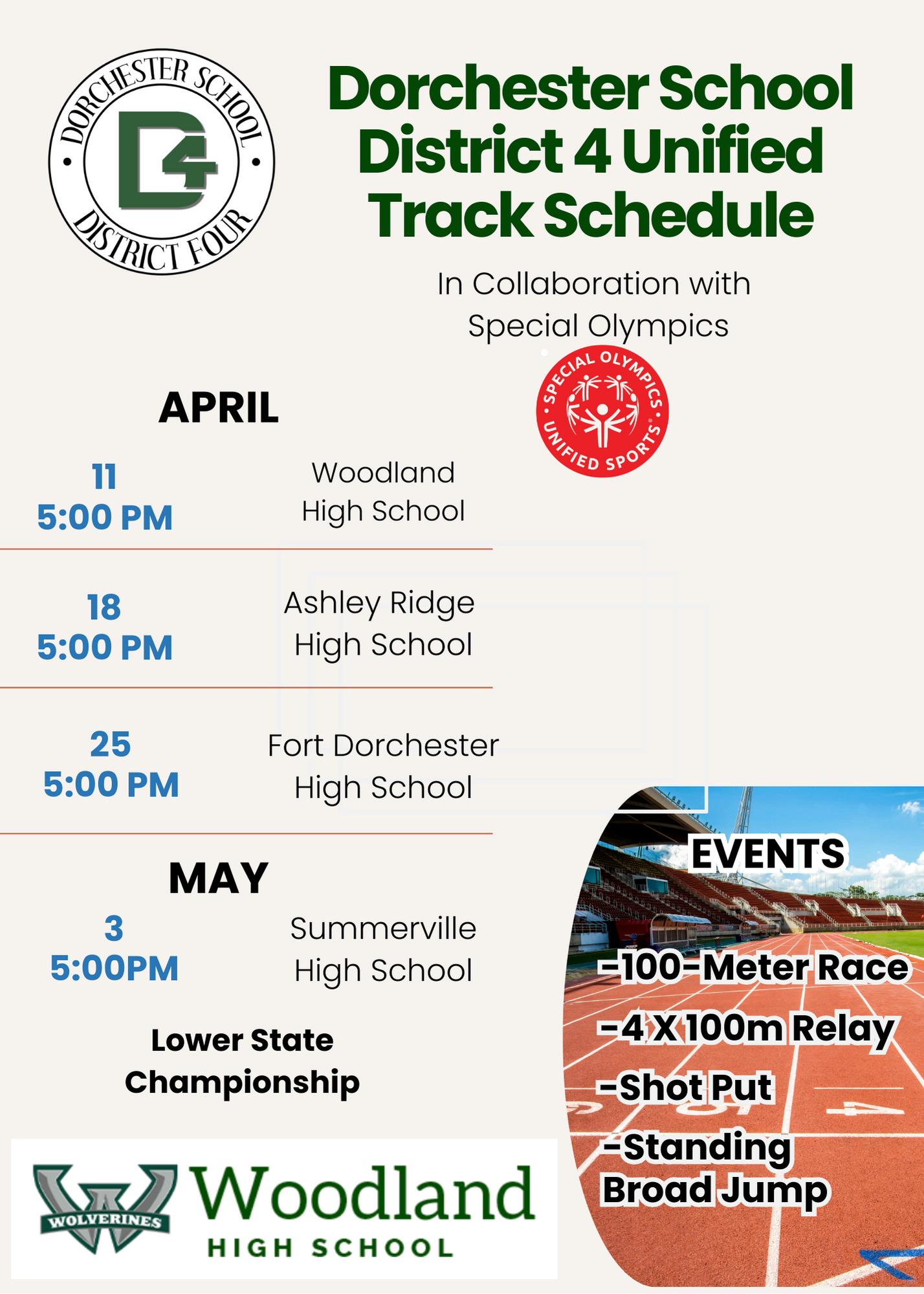 DD4 Unified Track and Field April 25th at 5 and May 5 @WHS Track 