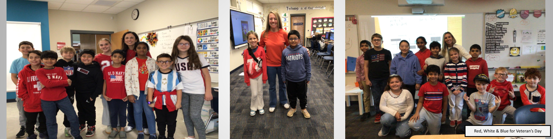 Students being patriotic by wearing red, white or blue on Veteran's Day