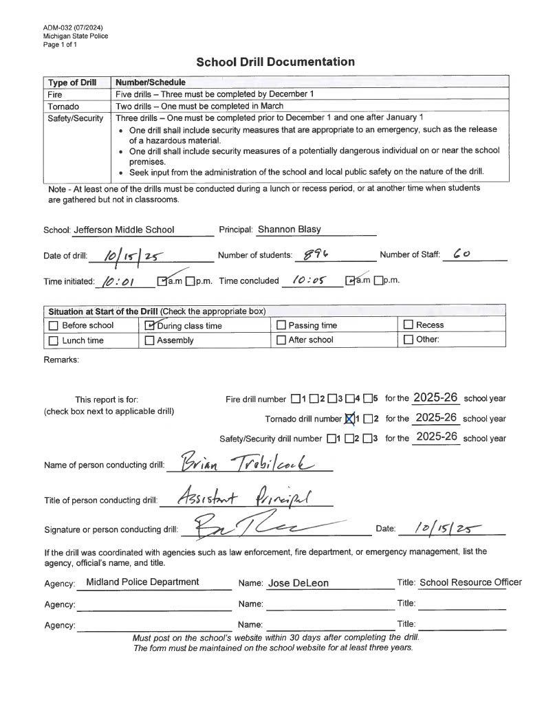 Form for Jefferson Middle School's first tornado drill of 2025-2026
