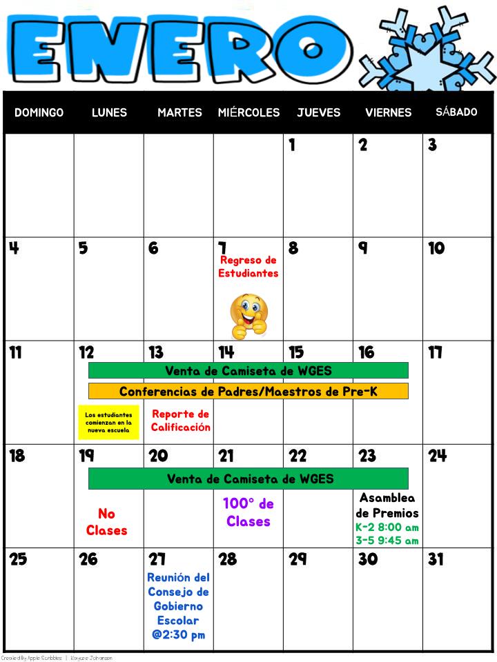 JANUARY SCHOOL CALENDAR (SPANISH)