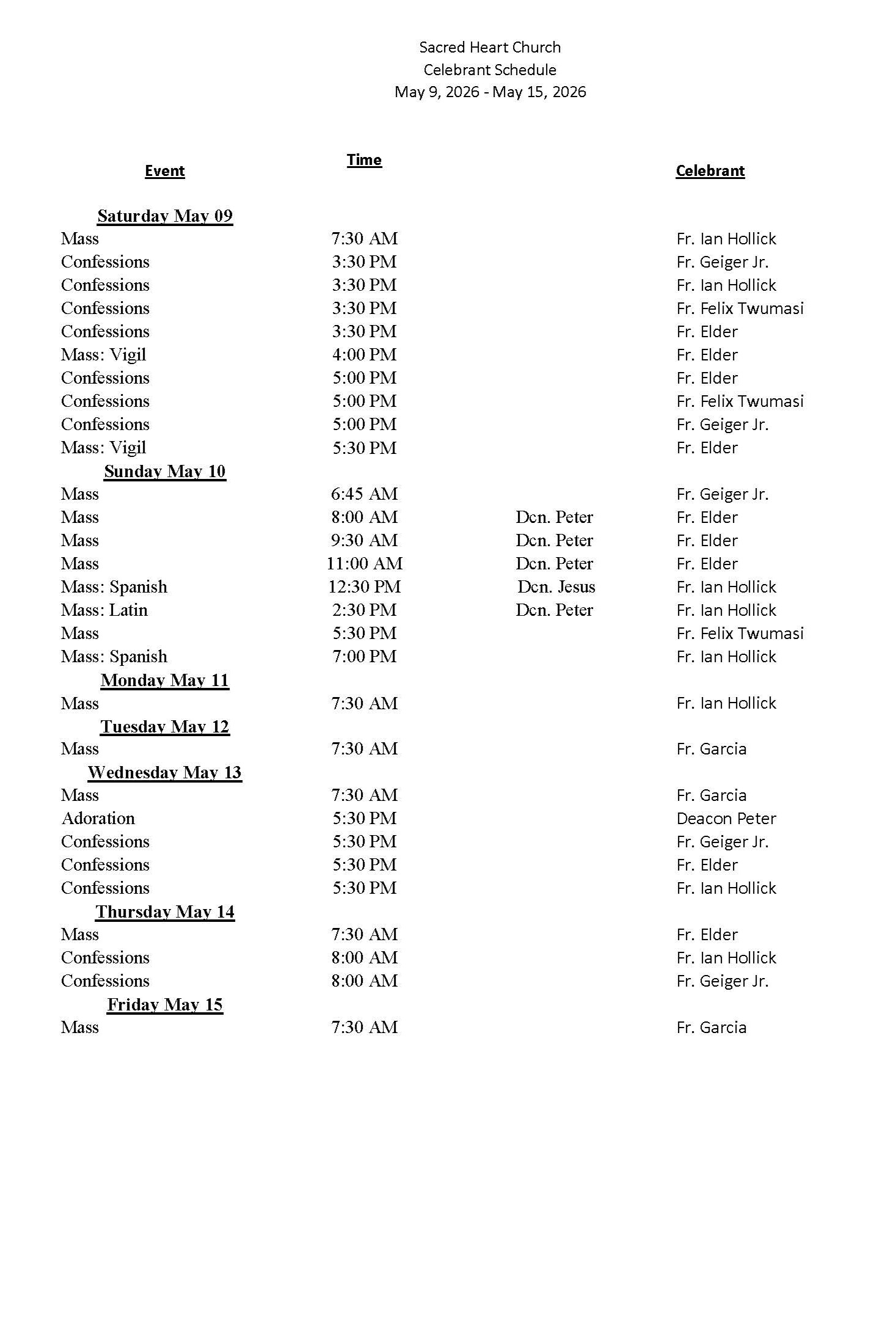 celebrant schedule
