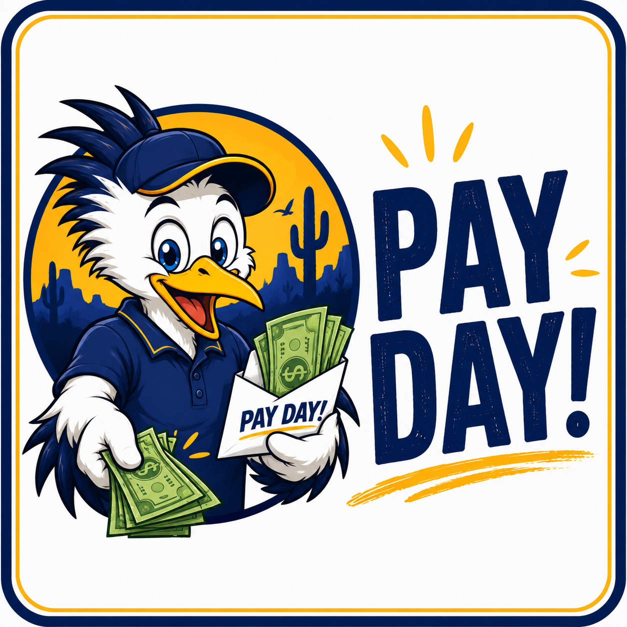 A cartoon roadrunner paying people pay day