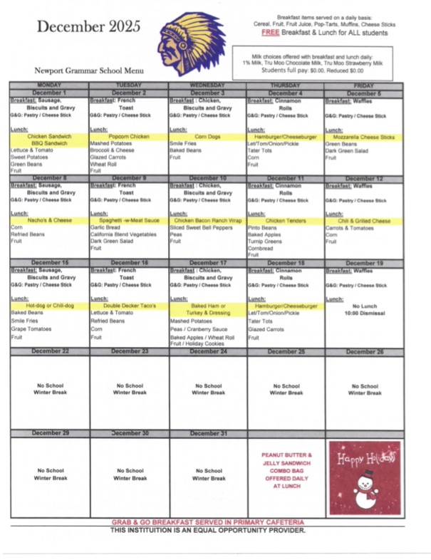 December 2025 Menu December 2025 Menu