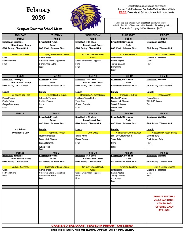 February 2026 Menu February 2026 Menu