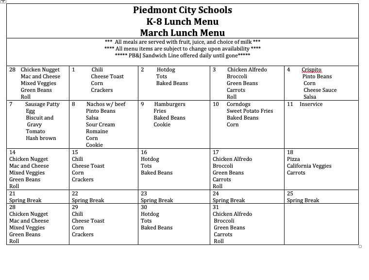 March Lunch Menu