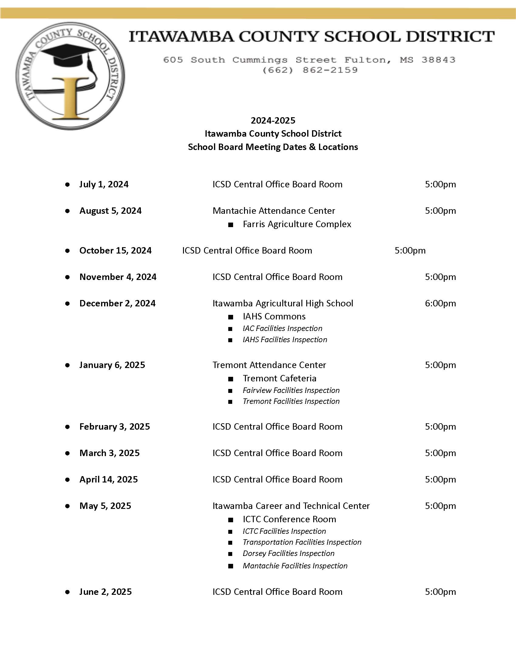 School Board Meeting Schedule