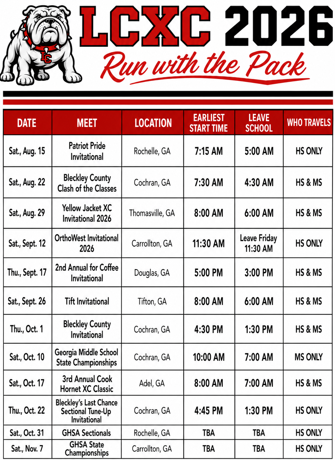 2026 Cross Country Schedule