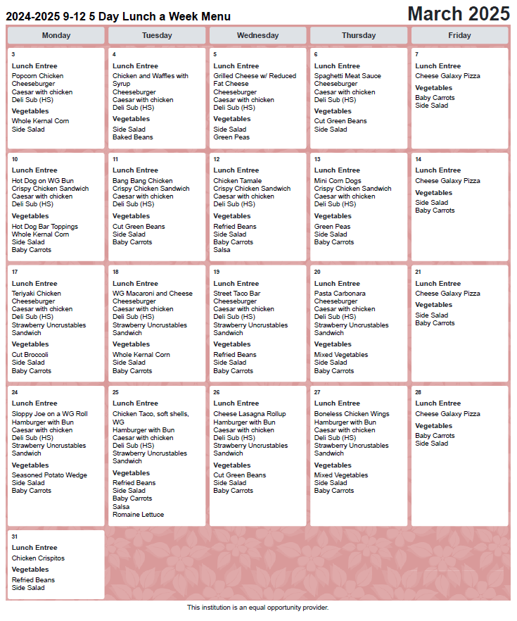 March lunch menu