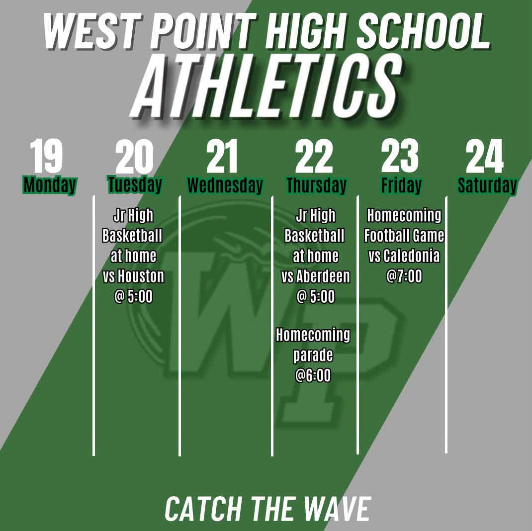 West Point High School Athletics weekly schedule for October 19–24 featuring Junior High Basketball home games against Houston and Aberdeen, the Homecoming Parade, and the Homecoming football game against Caledonia.