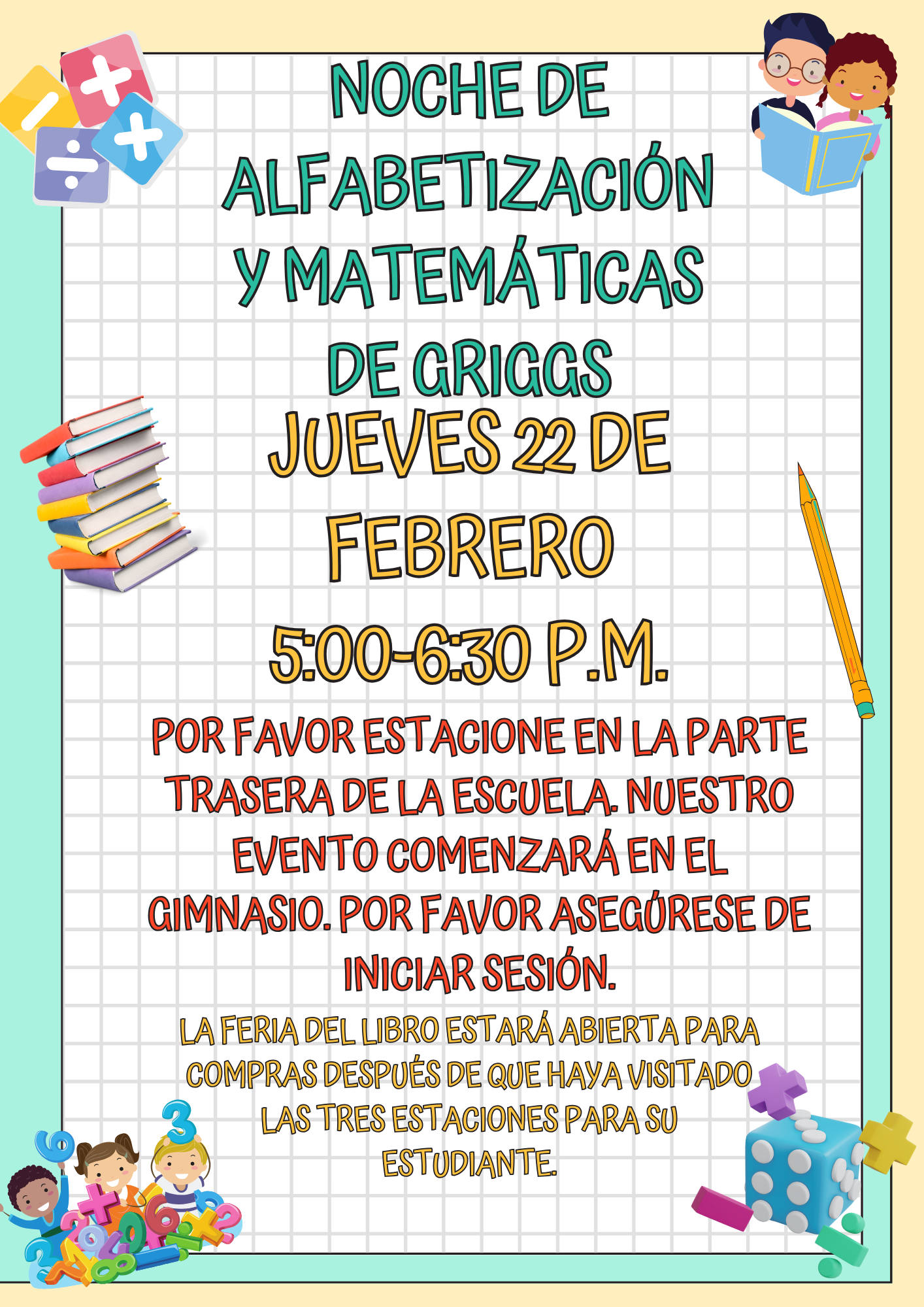 Math and Literacy Night flyer in Spanish