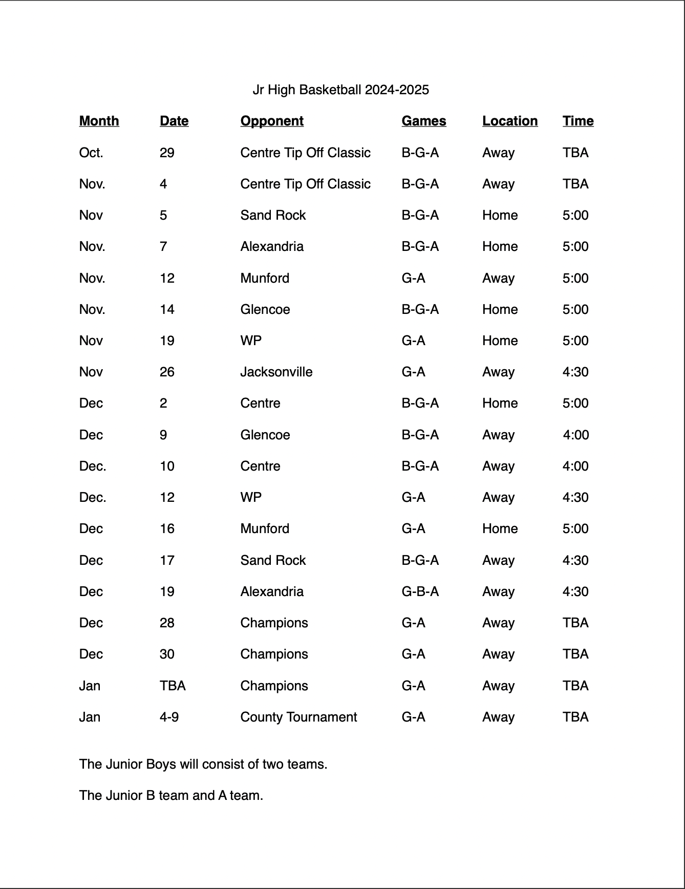 BASKETBALL SCHEDULE