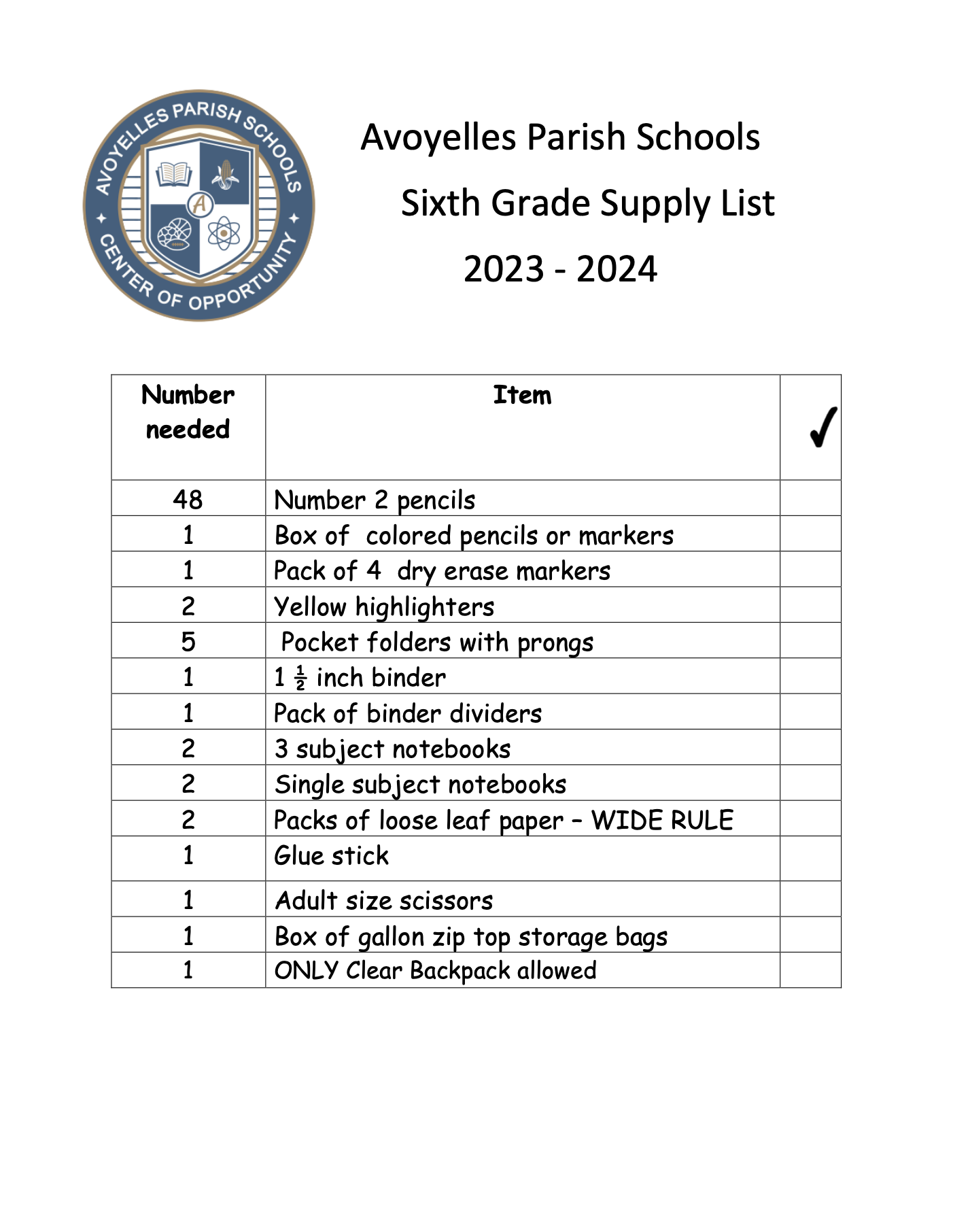 6th Grade Supply List 2023-2024