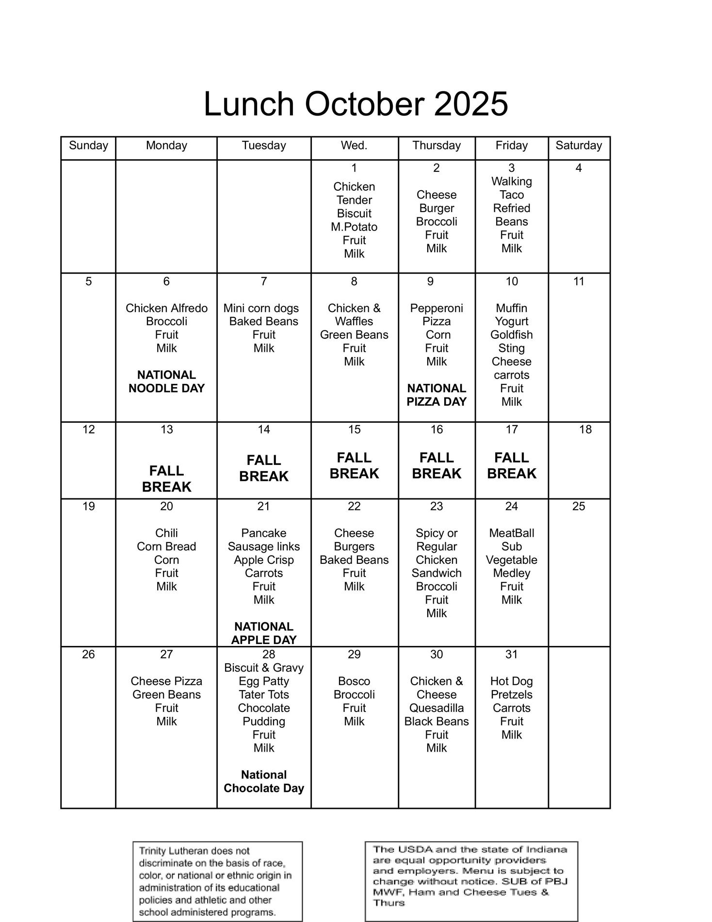 October lunch Menu