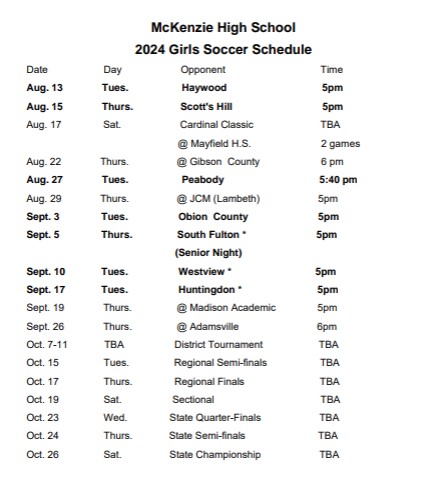 Girls Soccer Schedule