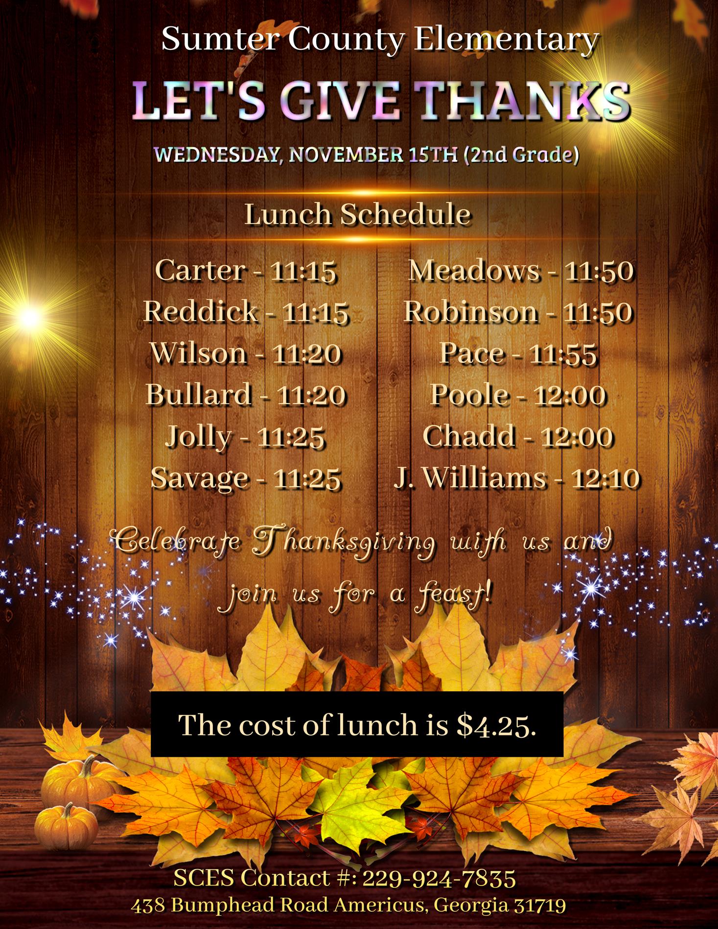 2nd Grade Thanksgiving Lunch Schedule 