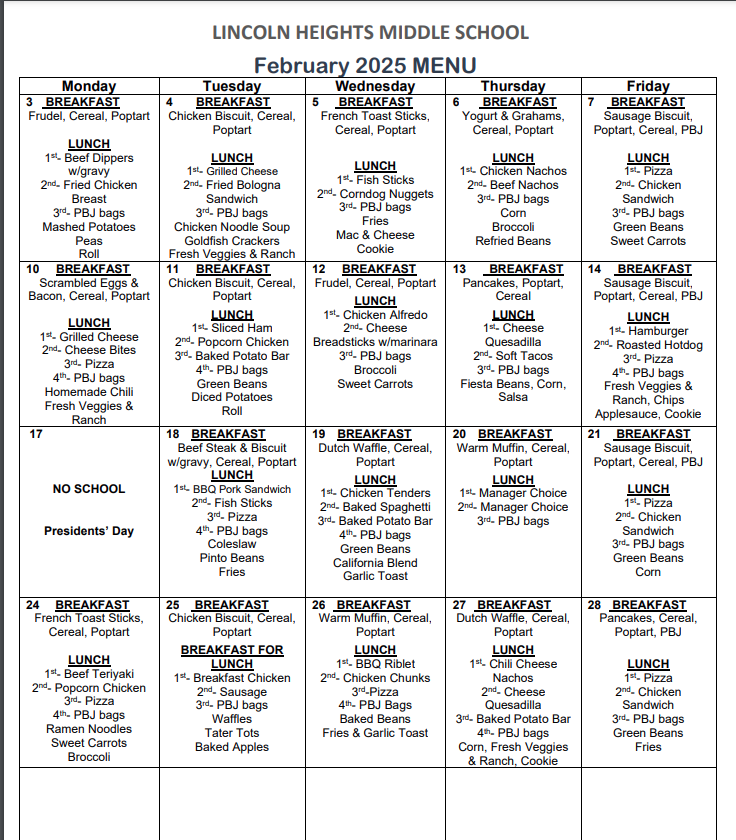 February 2025 Menu