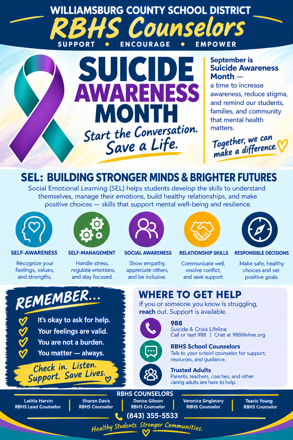 Suicide Awareness Month flyer from Williamsburg County School District, featuring RBHS Counselors. A large teal-and-purple awareness ribbon appears beside the headline “SUICIDE AWARENESS MONTH — Start the Conversation. Save a Life.” The flyer explains that September is Suicide Awareness Month, encouraging increased awareness, reduced stigma, and support for students, families, and the community. A section on social-emotional learning (SEL) highlights five areas: self-awareness, self-management, social awareness, relationship skills, and responsible decisions. A “Remember…” section encourages people to ask for help, validate feelings, recognize that they matter, and check in, listen, and support others. A “Where to Get Help” section lists 988 Suicide & Crisis Lifeline, RBHS school counselors, and trusted adults. The bottom lists RBHS counselors and the phone number **(843) 355-5533**, with the message “Healthy Students. Stronger Communities. Suicide Awareness Month flyer from Williamsburg County School District, featuring RBHS Counselors. A large teal-and-purple awareness ribbon appears beside the headline “SUICIDE AWARENESS MONTH — Start the Conversation. Save a Life.” The flyer explains that September is Suicide Awareness Month, encouraging increased awareness, reduced stigma, and support for students, families, and the community. A section on social-emotional learning (SEL) highlights five areas: self-awareness, self-management, social awareness, relationship skills, and responsible decisions. A “Remember…” section encourages people to ask for help, validate feelings, recognize that they matter, and check in, listen, and support others. A “Where to Get Help” section lists 988 Suicide & Crisis Lifeline, RBHS school counselors, and trusted adults. The bottom lists RBHS counselors and the phone number **(843) 355-5533**, with the message “Healthy Students. Stronger Communities.