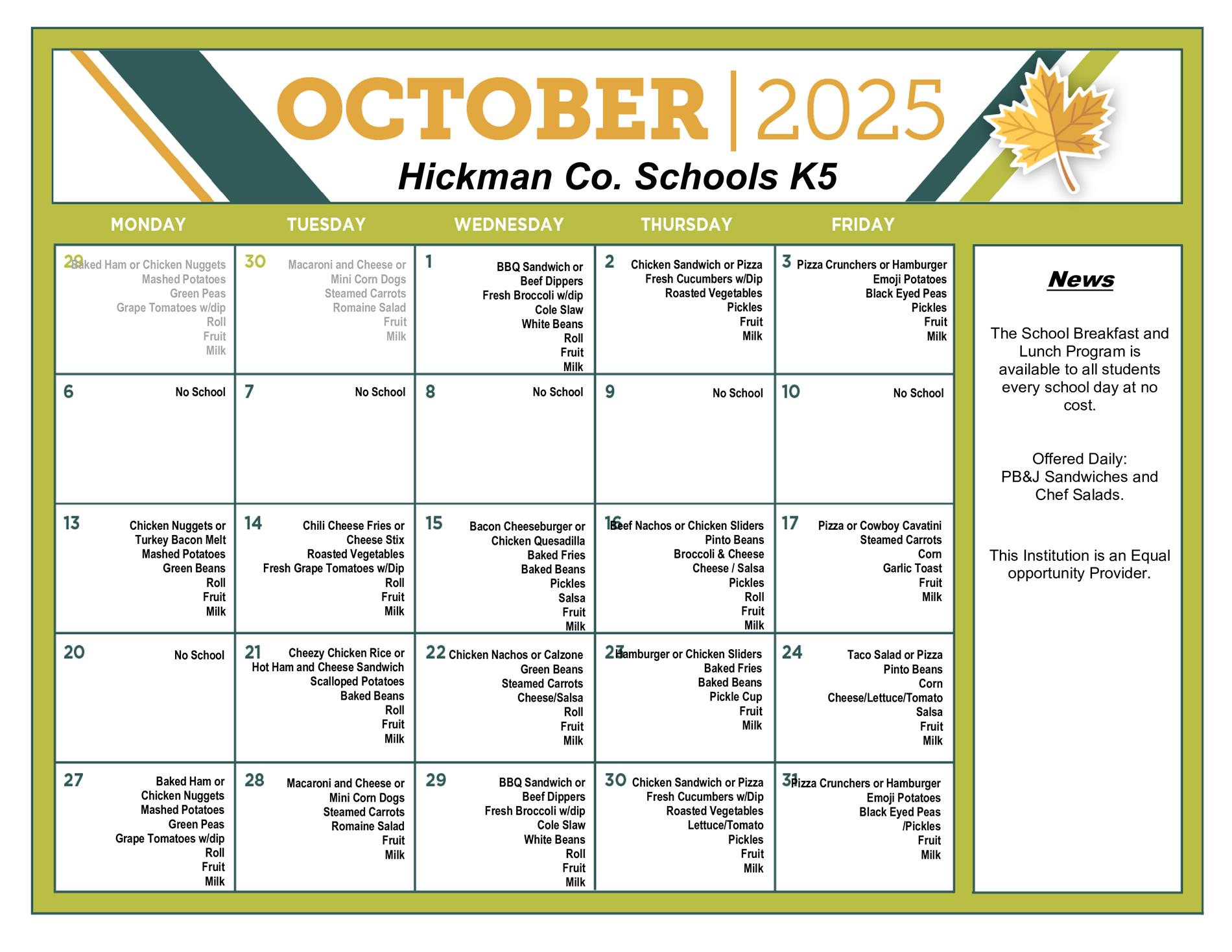 October Lunch menus for K-5