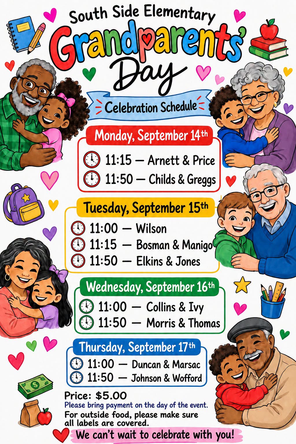 South Side Elementary Grandparents Day celebration schedule for September 14–17, 2026, listing teacher groups, event times, and a $5 admission price.