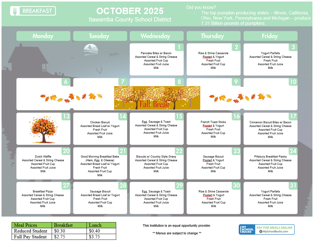 October Breakfast Menu