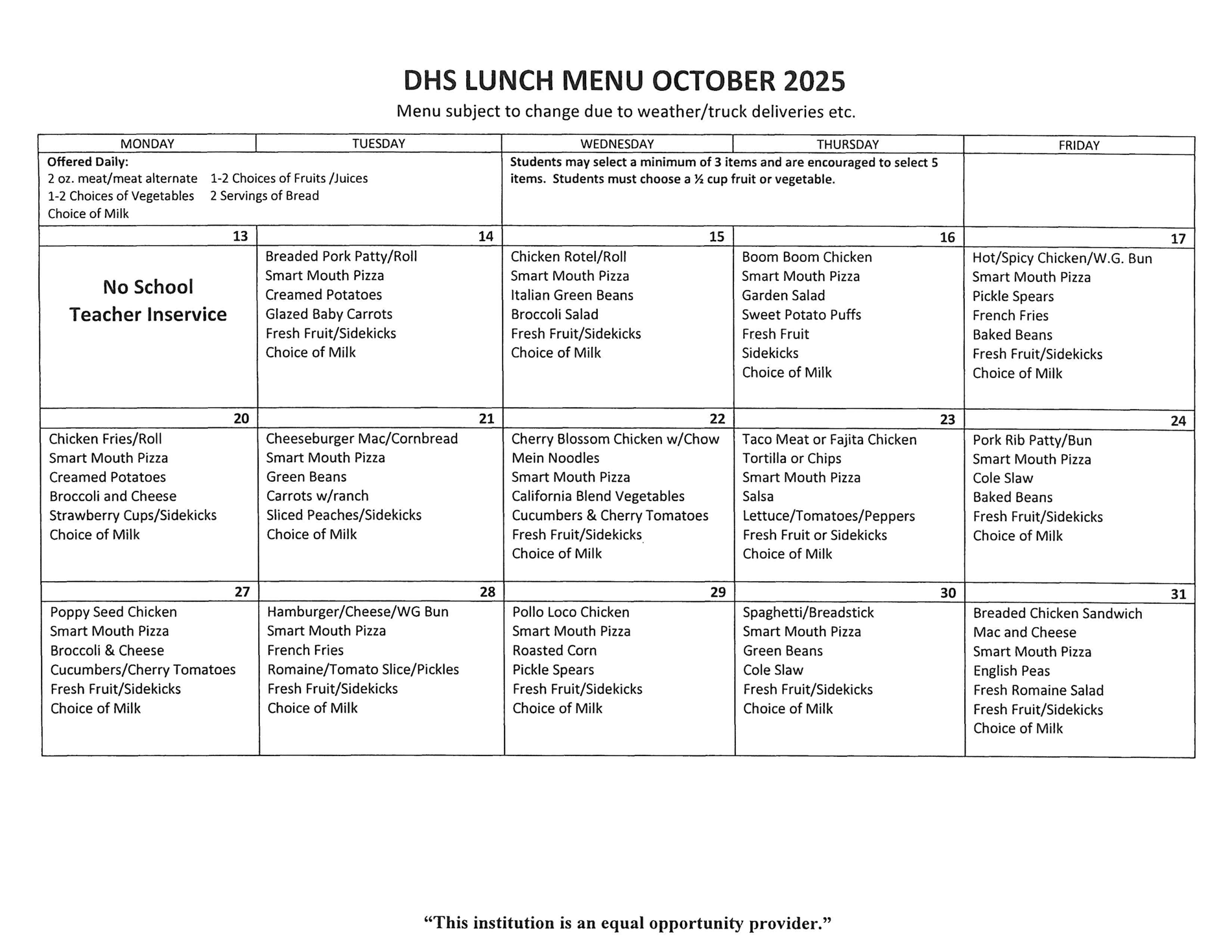 DHS Lunch Menu Page 1