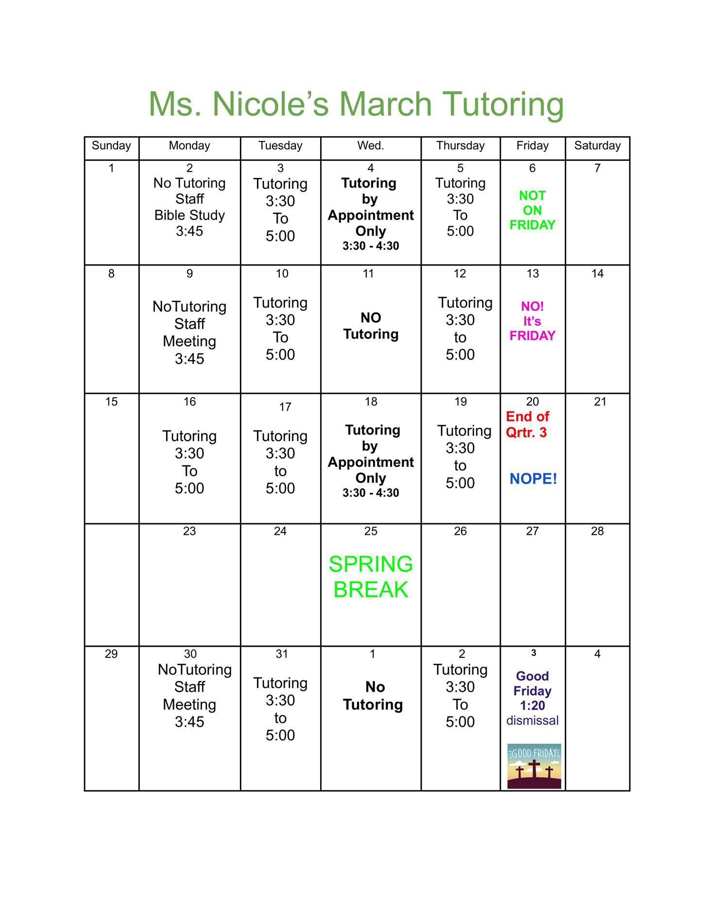 March Tutoring Schedule