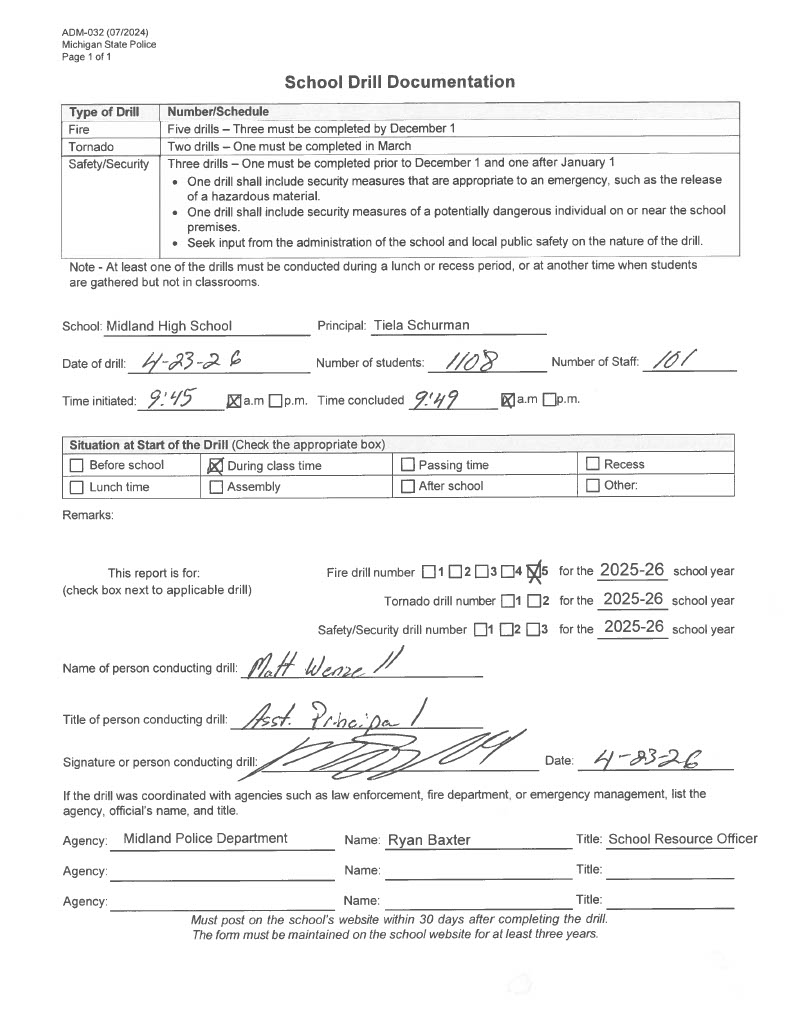 Form for Midland High School's fifth fire drill of 2025-2026