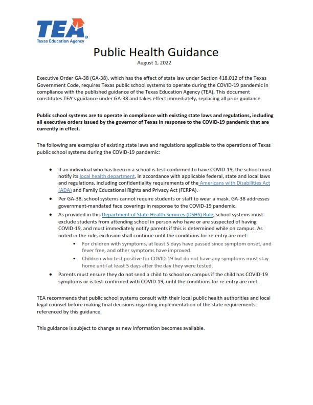 TEA Public Heath Guidance PDF