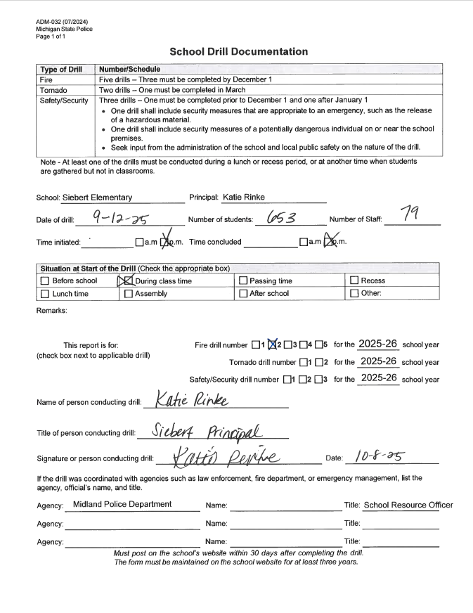 Form for Siebert Elementary's second fire drill of 2025-2026