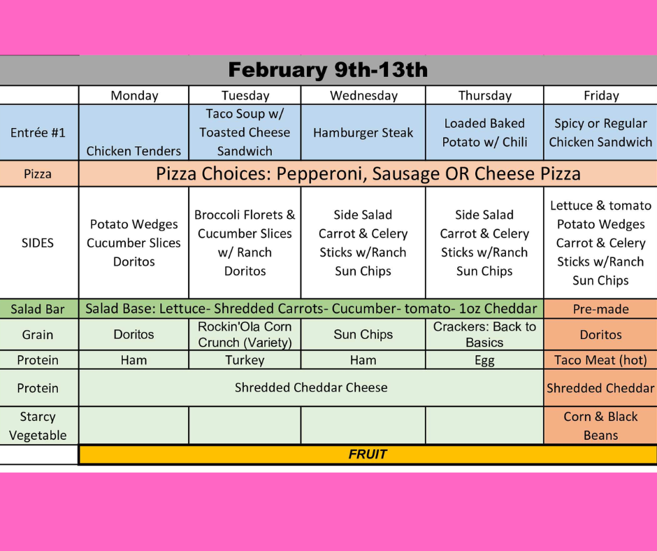 Feb. 9th-13th Lunch Menu