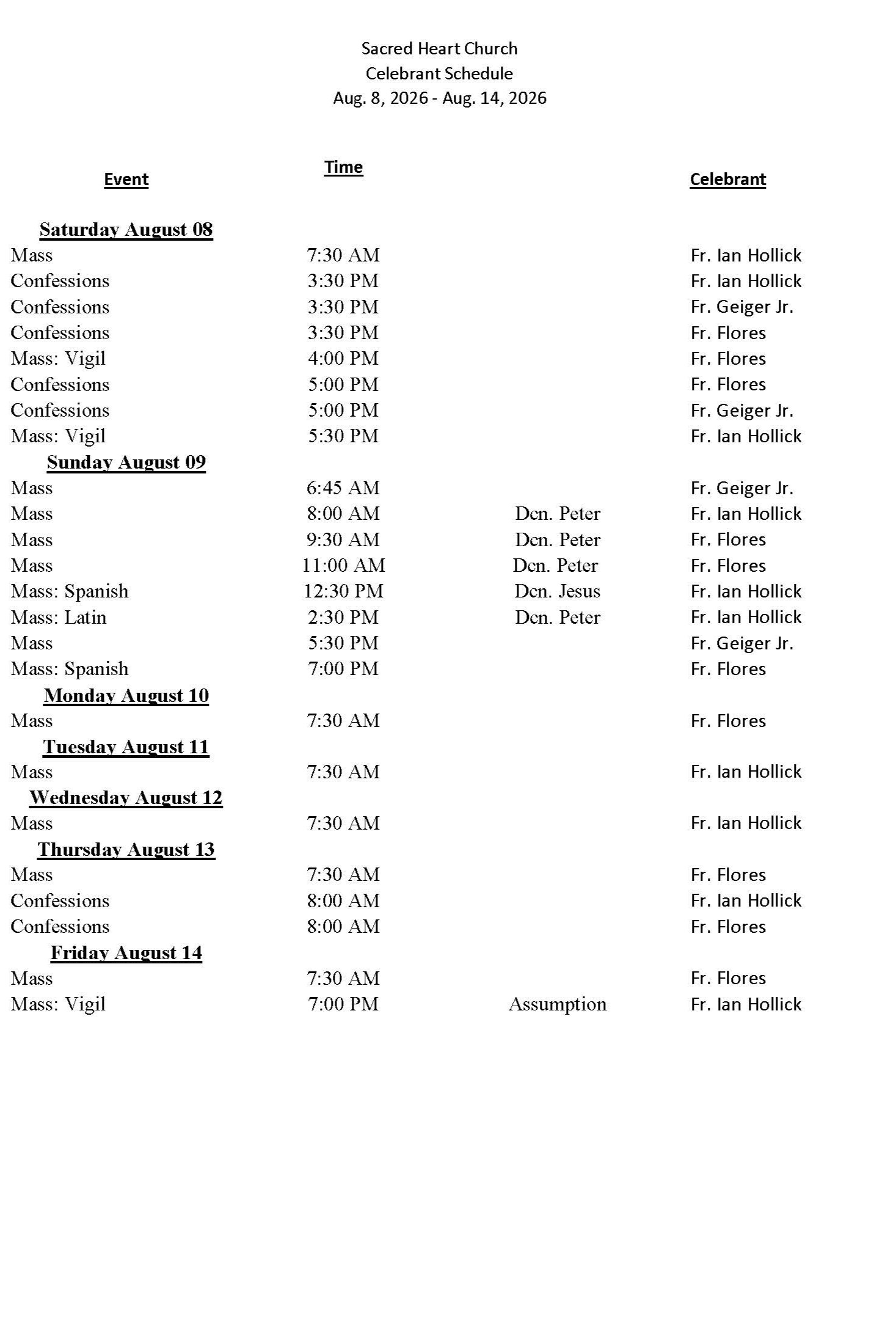 celebrant schedule