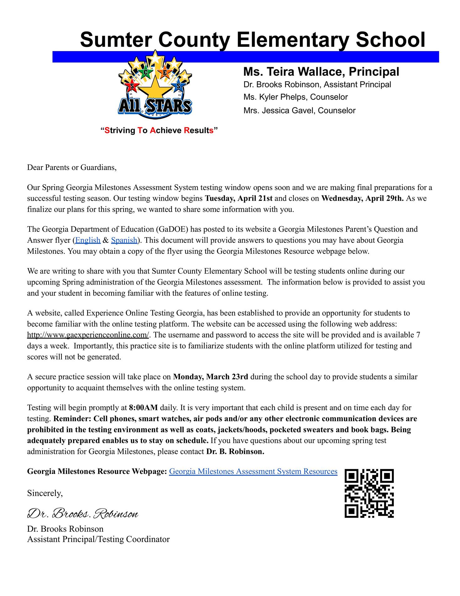 Georgia Milestones Testing Letter to Parents