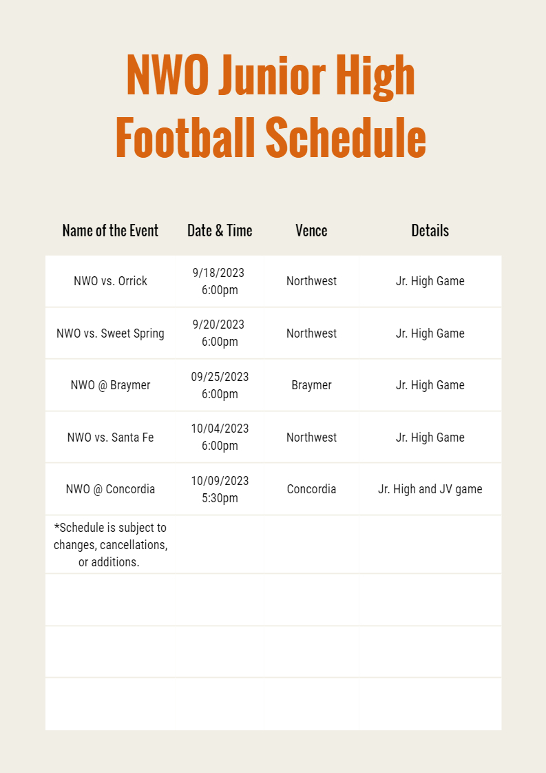 Jr High Football Schedule