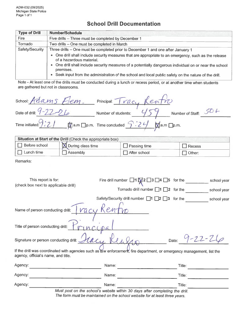 Adams Elementary fire drill form 2026-2027