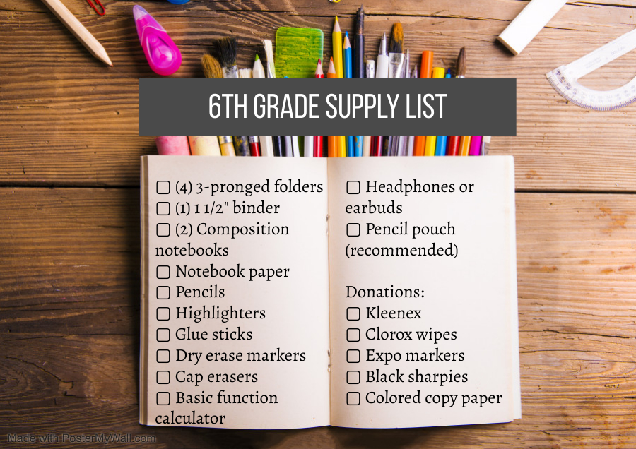 6th grade school supplies