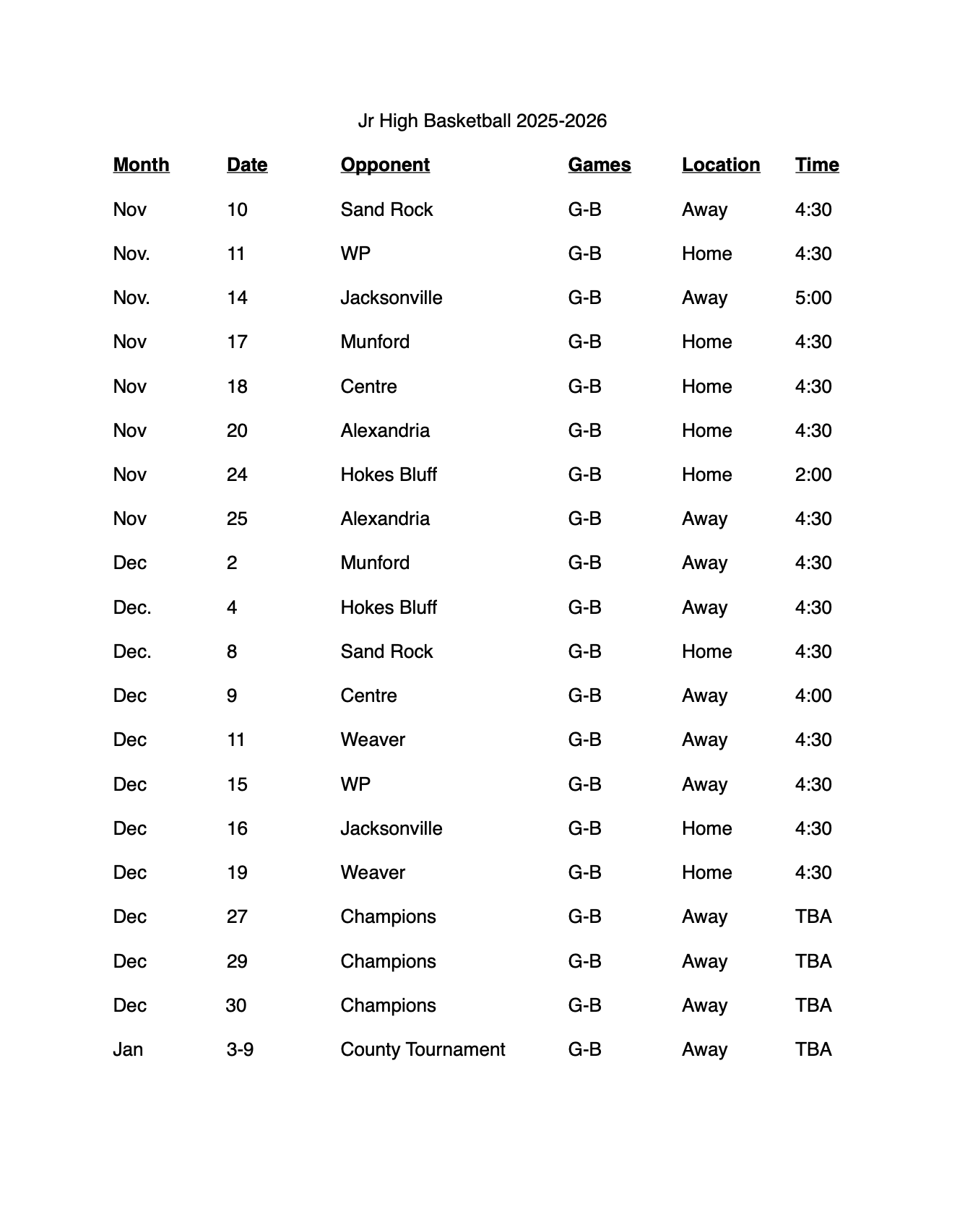 JH. BASKETBALL SCHEDULE