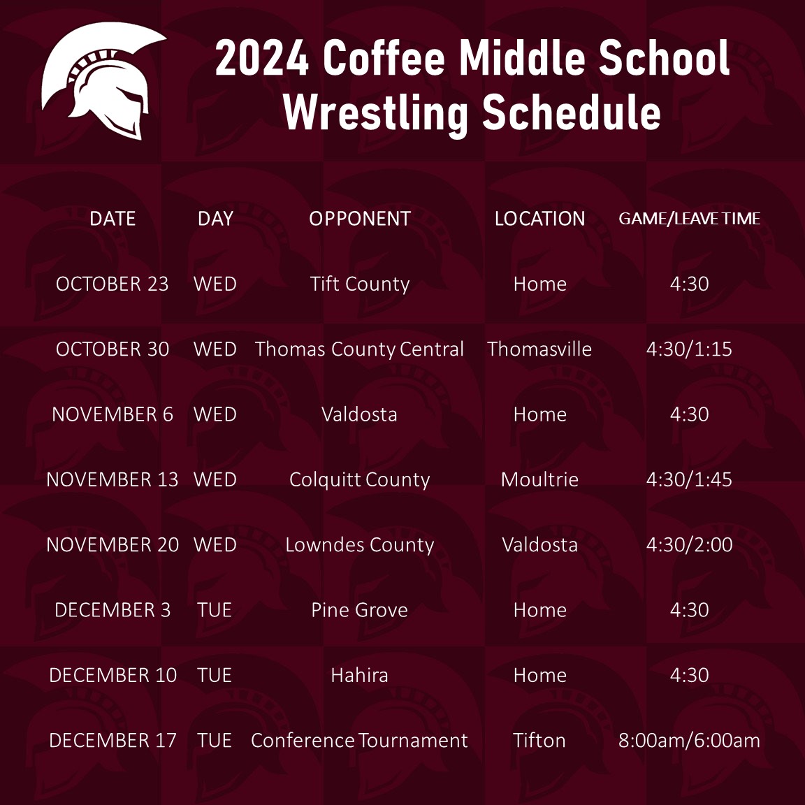 2024 Coffee Middle School Wrestling Schedule