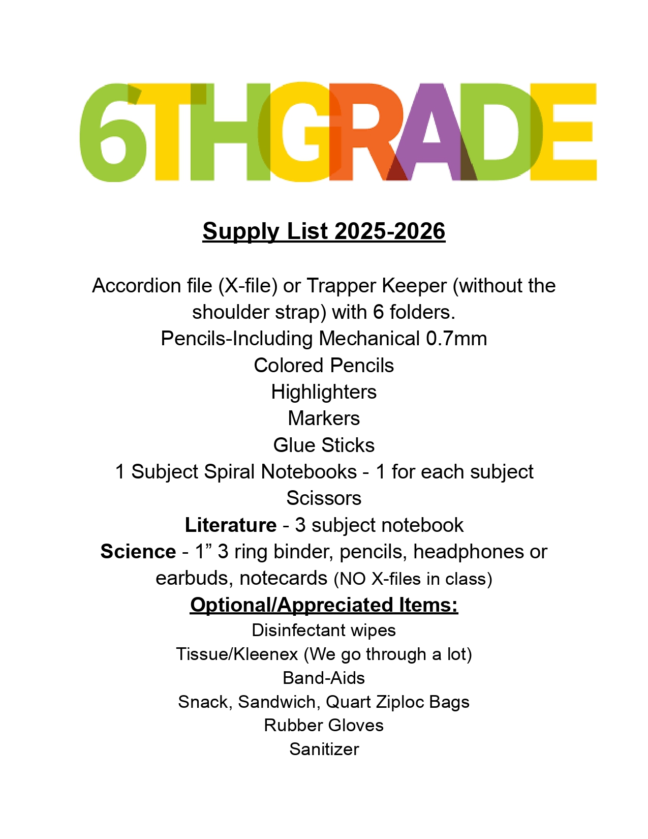 6th grade supply list